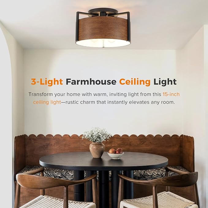 15'' Farmhouse Semi Flush Mount Ceiling Light, 3-Light Rustic Hallway Entryway Light Fixtures, Metal Wood Grain Finish Close to Ceiling Lights for Kitchen Dining Room Bedroom Living Room Foyer - Image 2