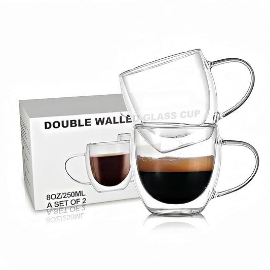 8oz Espresso Cups,Double Wall Glass Coffee Mugs Set of 2,insulated glass coffee cups,glass mugs with handles,borosilicate glass mug for Cappuccino,Latte,Americano,Tea,8oz (2 Pack)