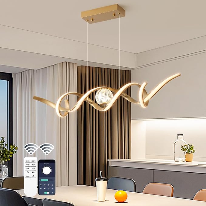 ORANOOR LED Modern Chandelier 39inch Dimmable Kitchen Island Pendant Lights | Gold Chandelier Light Fixtures, Linear Wave Spiral LED Pendant Lighting Over Island, Dining Room Lights Ceiling Hanging, 36W - Image 2