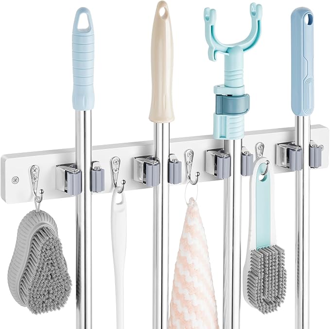 OUTNILI White Mop Broom Holder Wall Mount with 4 Slots & 4 Hooks - Wood Broom Mop Hanger for Pantry Closet Laundry Room Organization - Heavy Duty Garden Tool Organizer - White Kitchen Decor by OUTNILI