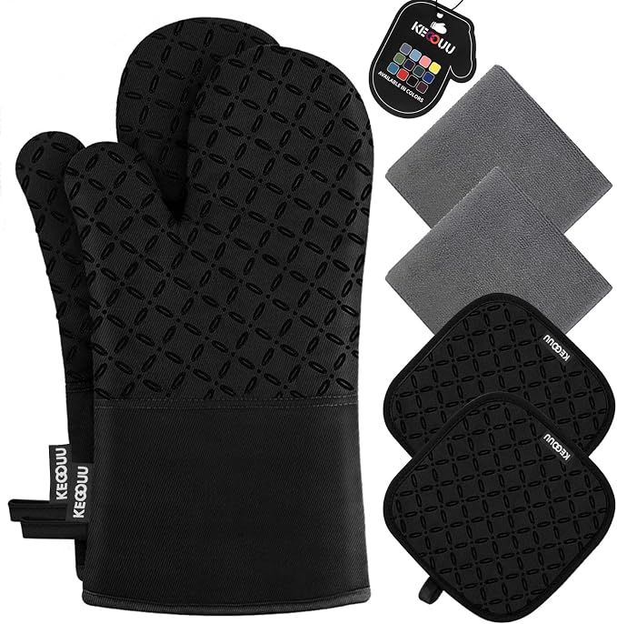 KEGOUU Oven Mitts and Pot Holders 6pcs Set, Kitchen Oven Glove High Heat Resistant 500 Degree Extra Long Oven Mitts and Potholder with Non-Slip Silicone Surface for Cooking (Black) by KEGOUUOvenMitt