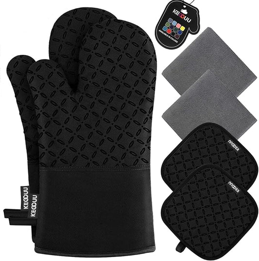 KEGOUU Oven Mitts and Pot Holders 6pcs Set, Kitchen Oven Glove High Heat Resistant 500 Degree Extra Long Oven Mitts and Potholder with Non-Slip Silicone Surface for Cooking (Black) by KEGOUUOvenMitt