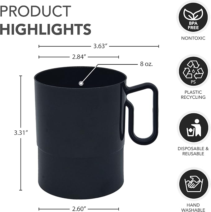 Party Essentials 8-Ounce Hard Plastic Coffee Cup/Tea Mug with Handle, 20-Count, Bistro Black (Pack of 6) - Image 2