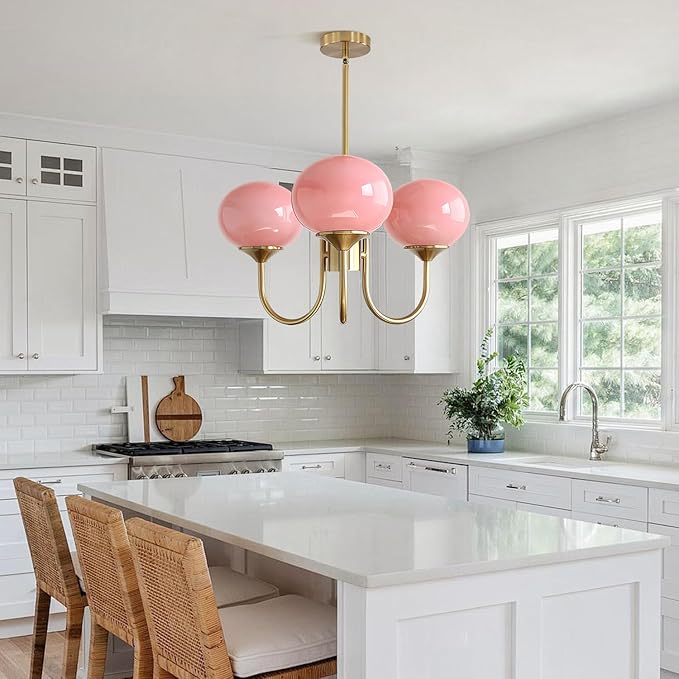 Pink Globe Chandelier for Girls Room Mid Century Modern 3 Light Pendant Lights Vintage Gold Semi Flush Dining Room Light Fixture Retro Pink Ceiling Lamp - Image 6