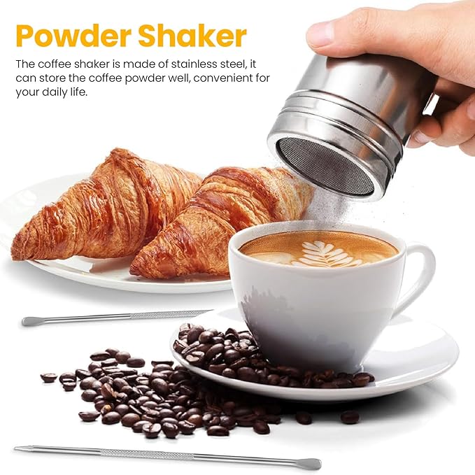 Coffee Decorating Stencils, Coffee Carving Pen Set, Portable Stainless Steel Latte Art Pen, Coffee Shaping Tool with Powder Shaker Spoons