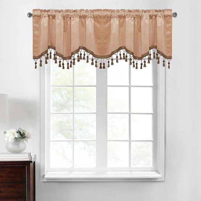 Blush Beige Tassel Velvet Valances Curtains 52x18 Inch 2 Panels | Valances Curtains for Kitchen, Nursery, Half Window Tassel Tier Curtains Room Darkening Home Decor for Living Room by StangH