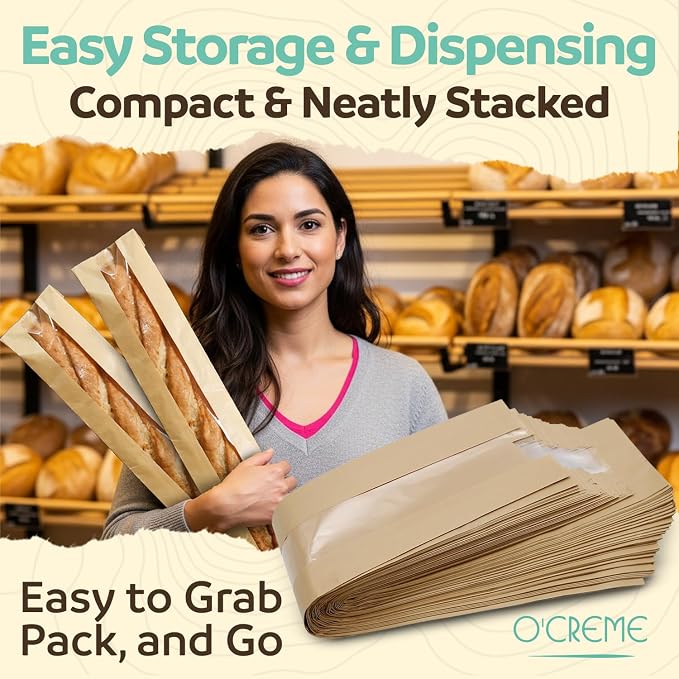 O’Creme 50 Pack Baguette Brown Paper Bag w/Clear Front Window, Bakery Storage Bags for Homemade and Long French Bread (23”x4”) Includes 50pcs Seal Stickers - Image 9