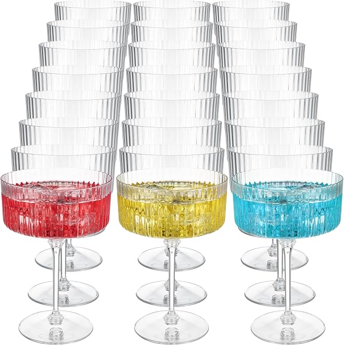 Jingmore 24 Pcs Ribbed Martini Glasses 10 oz Disposable Plastic Vintage Ribbed Coupe Glasses Unbreakable Dessert Parfait Glassware for Wedding Birthday Party Supplies (Clear) by Jingmore