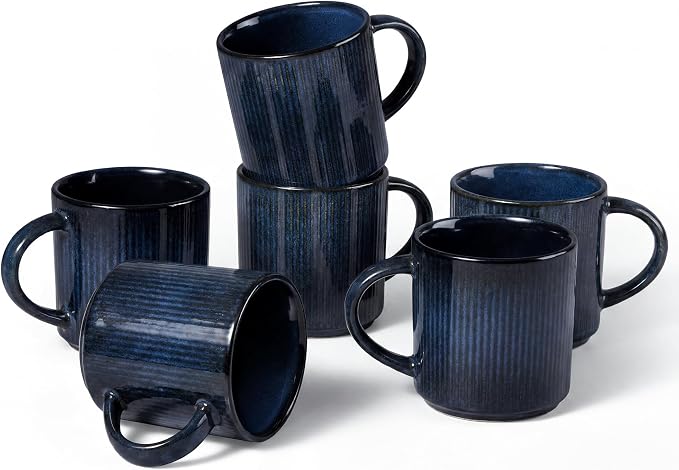 E-far 12 oz Coffee Mugs Set of 6, Stoneware Coffee Cups with Handle for Man Woman, Modern Ribbed Ceramic Tea Mugs for Latte Cocoa Milk, Microwave & Dishwasher Safe, Midnight Blue by E-far