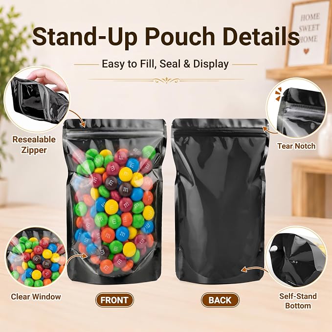 ANZNKU 100PCS Mylar Bags Resealable Small Smell Proof Bags(Black, 3.5x5) | Stand Up Foil Pouches Clear Window, Sealable Bags for Small Business Packaging Snack Party Favors Candy Treats Food Storage - Image 5