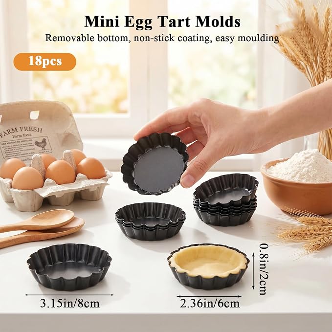 18 Packs Mini Tart Pans 3 Inch, Carbon Steel Egg Tart Molds with Removable Bottom & Nonstick Coating – Round Fluted Quiche Pans for Pie, Cheesecake, Muffins, Desserts (Black) - Image 2