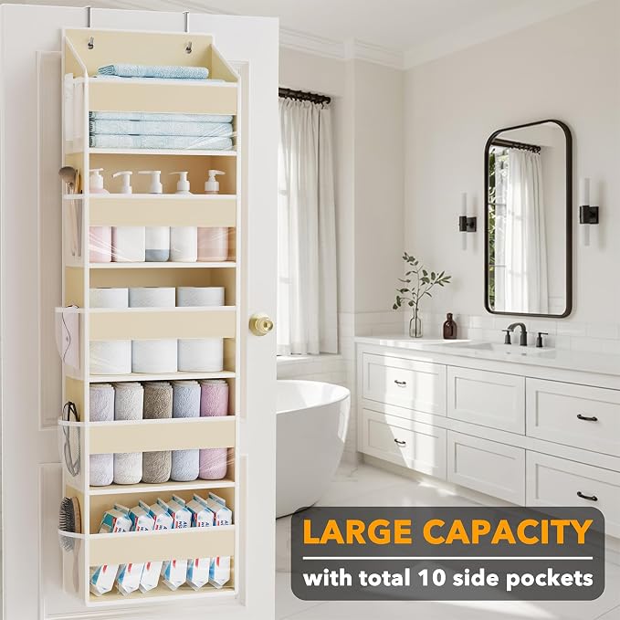SpaceAid 1 Pack Over The Door Organizer with 5 Large Pockets and 10 Mesh Side Pockets, 5 Layers Door Organizer Hanging with Clear Window for Bedroom, Bathroom, Pantry and Nursery, Beige - Image 3