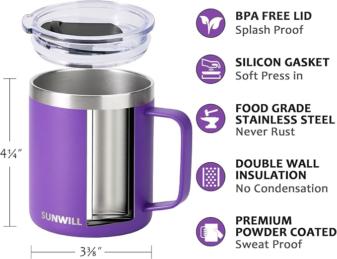 SUNWILL Insulated Coffee Mug with Lid, Travel Tumbler with Handle, 14 oz Stainless Steel Cup for Camping, Office, Home, Powder Coated Purple - Image 2