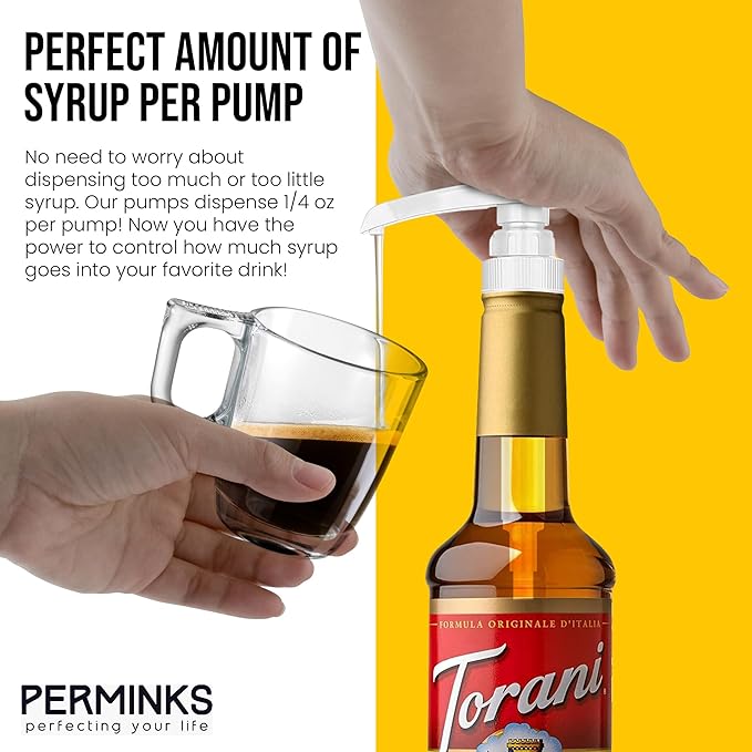 Premium Syrup Pump Compatible with Torani 750 ml Bottle, Davinci Syrups - No Spill, No Clog Syrup Pump Dispenser for Vanilla, Snow Cone, Coffee Flavoring & More (Pack of 6, Red, White & Blue)