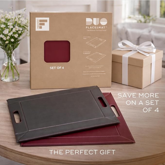 FREEFORM PLACEsMAT 2-in-1 Faux Leather Placemat & Serving Tray | Reversible Design, Lays Flat & Easy to Clean | Ottoman Food Tray, Perfect Housewarming Gift, 18” x 14” (Burgundy & Gunmetal, Set of 4) - Image 8