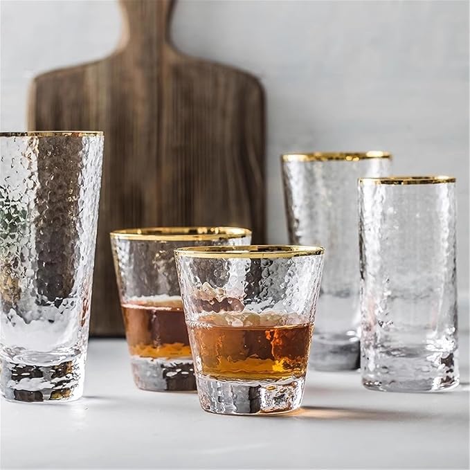drinking glassware Hammered Tapered Glass Cups with Gold Rim(Large) - Image 6