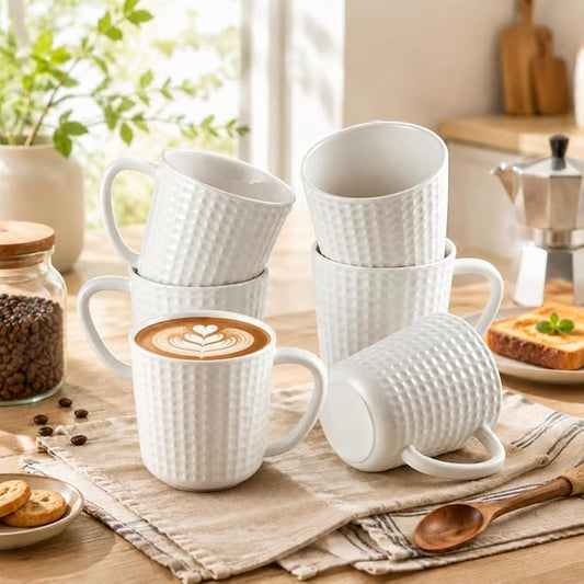 15 oz Ceramic Coffee Mugs Set of 6, White Waffle Embossed Coffee Cups | Coffee Cups with Large Handle, Coffee Mugs for Latte, Cappuccino & Hot Cocoa, Dishwasher & Microwave Safe, Housewarming Gift by Seworlan