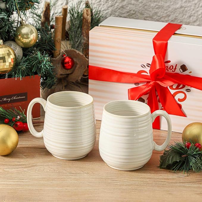 HASENSE Coffee Mugs Set of 2, 20 oz Ceramic Coffee Cups for Men and Women, Premium Large Tea Cups Gift Box with Coaster & Gold Spoon, Couple Mugs for Wedding Gift, Clay-Infused White - Image 3