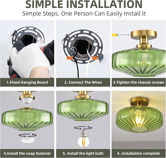 Semi Flush Mount Ceiling Light,11.8 Inch Vintage Green Glass Ceiling Light Fixture,Art Deco Kitchen Lighting Fixtures Ceiling for Hallway Porch Bedroom Bathroom Dining room,E26 Base(Bulb Not Included) - Image 6