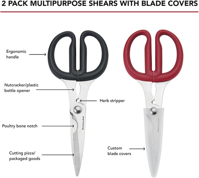 KitchenAid Multipurpose Shear Set, Versatile Scissors with Nutcracker, Bottle Opener, Ergonomic Handles with Protective Blade Covers, 2 Piece - Image 2