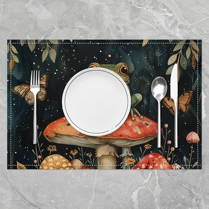 Feelyou Frog Placemats Set of 4 Cute MushKitchen Dining Table Placemats for Dining Table Indoor Outdoor Kitchen 12"x18" Cartoon Mushrooms Table Mats Placemat Kawaii Decor Table Place Mats Animal Print - Image 2