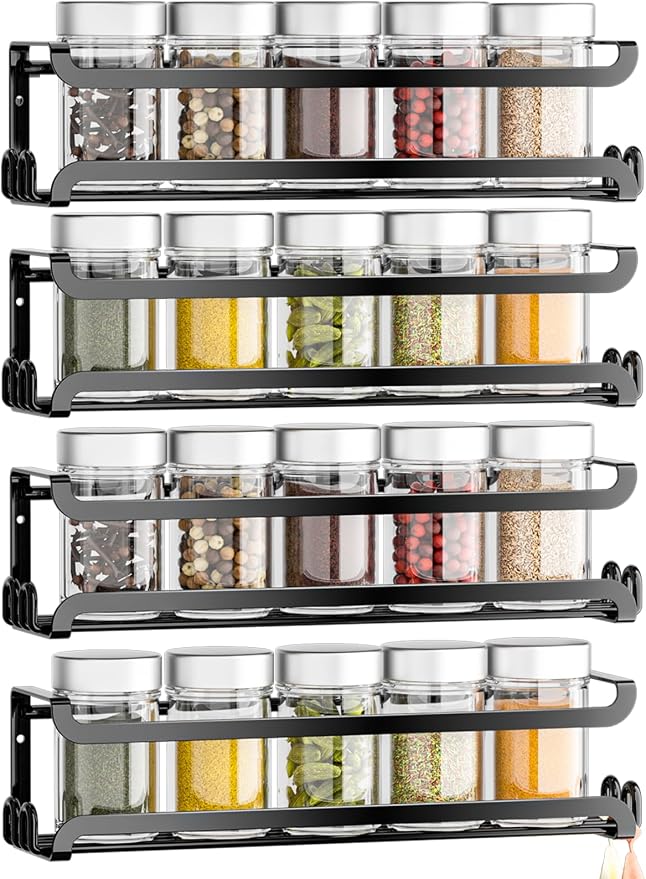 LUCYCAZ 4 Pack Wall Mounted Spice Rack for Kitchen Cabinet,RV,Camper,Black | 16 Metal Hooks, Space-Saving,Screw or Adhesive Spice Shelf Hanging,for Pantry Door Spice Jars & Seasonings,11.41×2.75×2.36in by LUCYCAZ