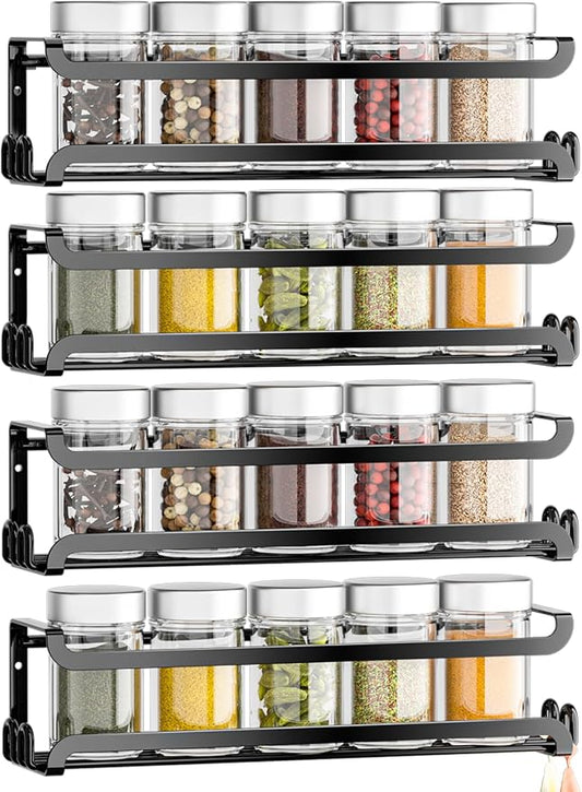 LUCYCAZ 4 Pack Wall Mounted Spice Rack for Kitchen Cabinet,RV,Camper,Black | 16 Metal Hooks, Space-Saving,Screw or Adhesive Spice Shelf Hanging,for Pantry Door Spice Jars & Seasonings,11.41×2.75×2.36in by LUCYCAZ