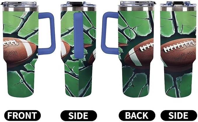 Football Impact on Cracked Glass Tumbler with Handle Insulated Water Travel Coffee Mug Bottle with Lid And Straw Stainless Steel Leak Proof Vacuum Insulated Cup 40 OZ