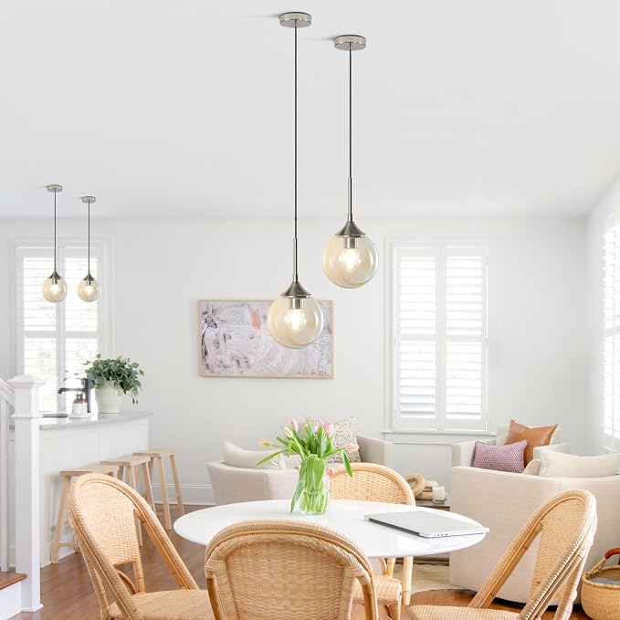 KCO Lighting 7.1" Amber Glass Pendant Light Brushed Nickel Pendant Lighting Modern Globe Pendant Light Mid Century Hanging Light Small Pendant Lights for Kitchen - Image 6