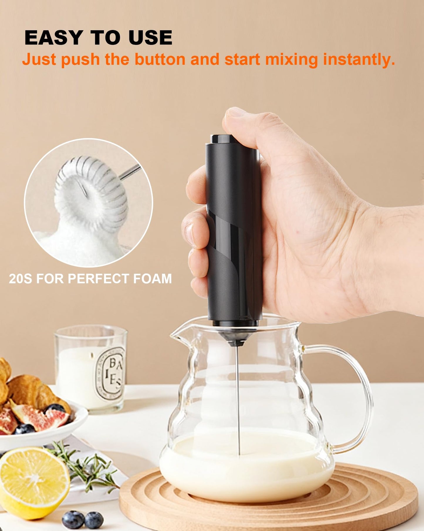 Rechargeable 3-Speed Milk Frother Wand (Black)