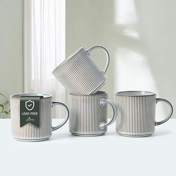 MONITO 16Oz Coffee Mugs Set of 4, Rustic Ceramic Coffee Cups Set with Large Handle, Vintage Striped Stoneware Coffee Mugs for Latte, Cocoa, Tea, Milk, Microwave & Dishwasher Safe, Smoky Blue by MONITO