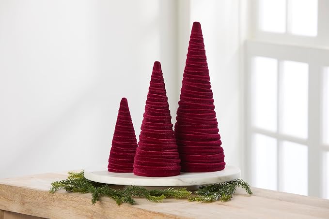 Your Heart's Content Set of 3 Burgundy Velvet Trees, Luxurious Handcrafted Home Decor, Valentine Tabletop Tree, Bookshelf Office, Winter Mantel Accents, Elegant Charm Gift for (Burgundy) - Image 3