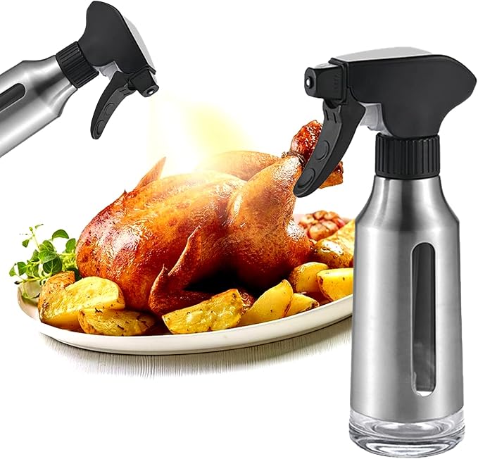 Oil Sprayer for Cooking,Stainless Steel Olive Oil Mister for Air Fryer Black Nozzel Dispenser Bottles Fat Reduction Glass Oil Control Spray Pot 6.35oz(180ml) Capacity by WelcometoMicyplesKitchen