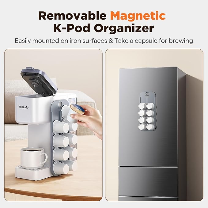 Tastyle Hot & Iced Coffee Maker with Magnetic K-Pod Holder, Fits 7.3'' Mug | Stores 10 Pods, for K Cup & Grounds, Compact for Home, Office & RV， Brew 6-24oz Coffee, 40 oz Removable Tank, K330CH, White - Image 3