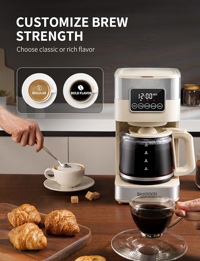 SHARDOR 10-Cup Programmable Coffee Maker, Regular & Strong Brew Drip Coffee Machine for Home and Office, Auto Shut Off, Permanent Filter (Beige) - Image 4