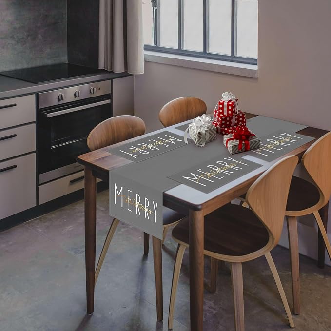 ONWAY Merry Christmas Gold Table Runner Winter Xmas Holiday Kitchen Dining Farmhouse Table Decor for Indoor Outdoor Home Party Decorations 13x72 Inch Grey - Image 3