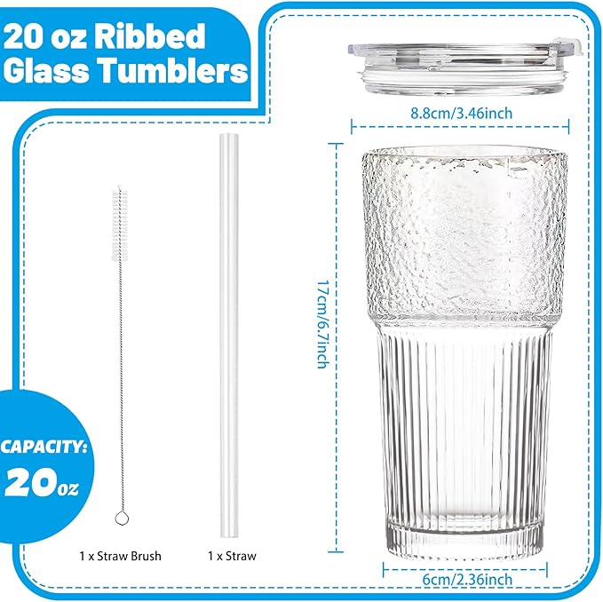 20 oz Glass Tumbler with Lid and Straw, Clear Ribbed Iced Coffee Cup, High Borosilicate Glass Tumbler, Reusable Vintage Glassware for Iced Coffee, Smoothies, Cocktails, and Juices (Pattern)