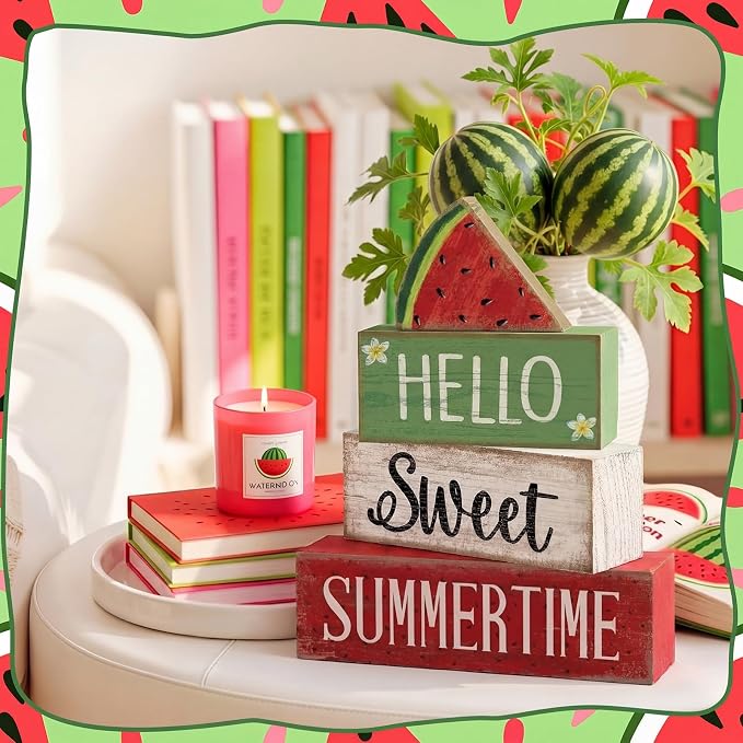 Moucuny 4 Pcs Summer Wooden Table Decor Watermelon Tiered Tray Decor Farmhouse Table Decoration Hello Sweet Watermelon Book Block Summer Decoration for Home Office Kitchen Mantel Shelf - Image 4