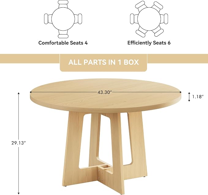 Round Dining Table for 4, Farmhouse Kitchen Table, Wooden Circle Table, 300lb Capacity & Easy Assembly for Home Dining Room Kitchen Living Room (Natural Oak) - Image 2