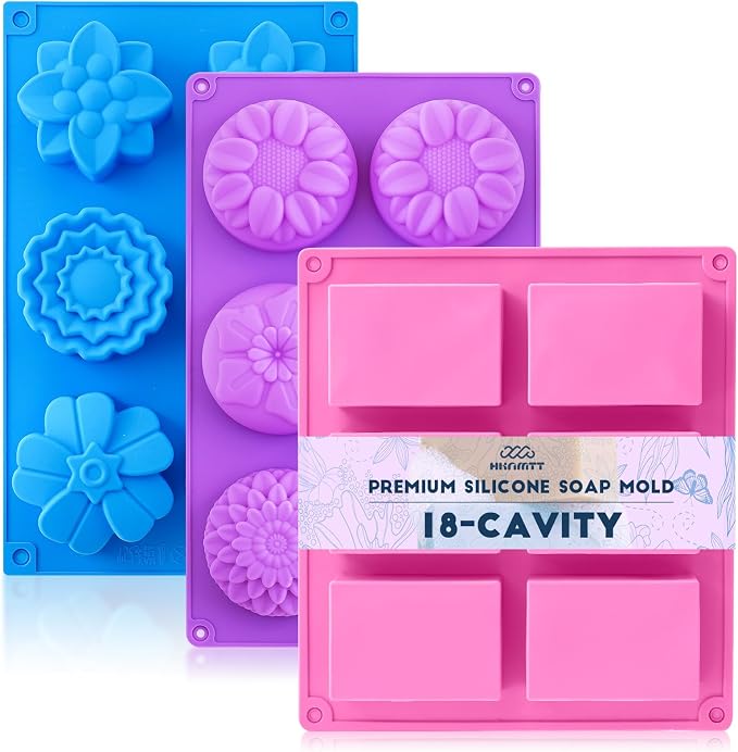 HKNMTT Square Flower Rectangle Bar Molds Silicone, 7 Shapes for Chocolate Soap Making Shower Steamer Homemade Bath Bomb Lotion Shampoo Bar Dessert DIY Set Non-stick Craft Food Grade 3 Pack by HKNMTT