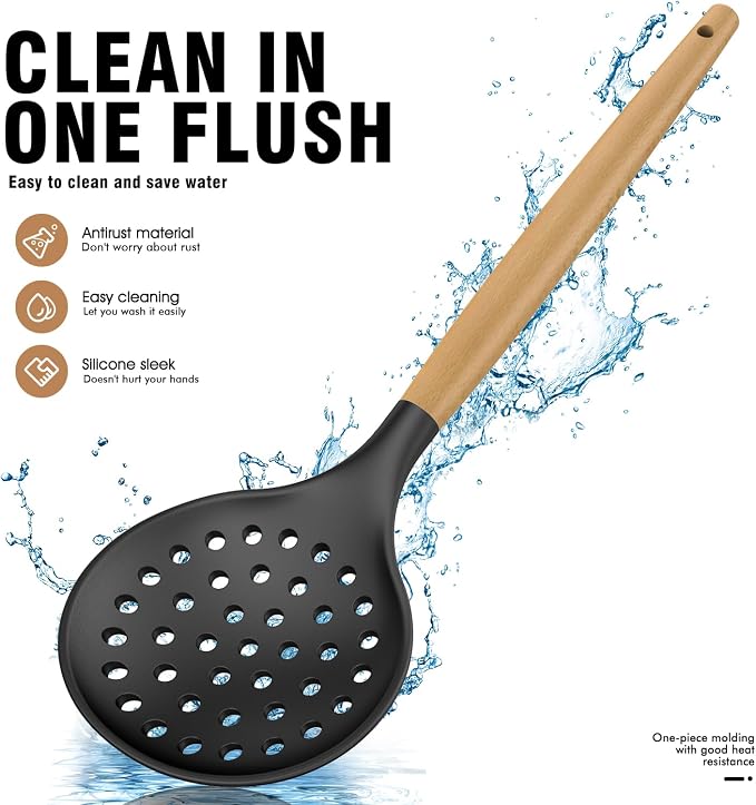 oannao Silicone Cooking Utensils Set Utensil Sets - 446°F Heat Resistant Silicone Kitchen Utensils Set Wooden Handles, Silicone Utensils for Cooking w Holder for Non-Stick Cookware BPA FREE (Black) - Image 8