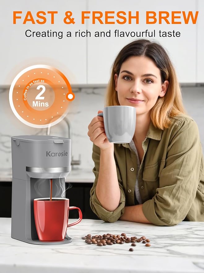 Single Serve Coffee Maker for K-Cup and Ground Coffee, Fast Brew, 6-12 oz Brew Sizes One Cup Coffee Machine Fits 5.5" Mugs, One-Button Small Coffee Maker with Descaling Reminder,Grey - Image 3