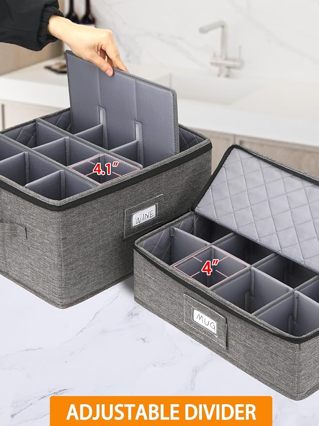 punemi China Storage Containers, 6-Piece Hard Shell Set for Moving Boxes | Mug, cup and wine glass organizers with dividers and carry handles for dinnerware, glassware and stemware, grey - Image 5