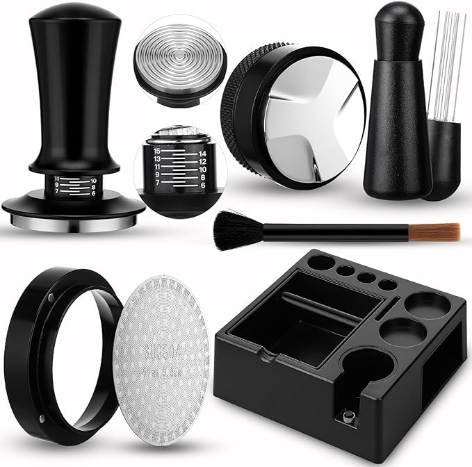 7Pcs 53mm Espresso Accessories Kit Espresso Tamping Station Spring Loaded Calibrated Tamper Tool and Dosing Funnel Set Coffee Distributor and Tamper Leveler Fits 53mm Machines