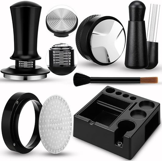 7Pcs 53mm Espresso Accessories Kit Espresso Tamping Station Spring Loaded Calibrated Tamper Tool and Dosing Funnel Set Coffee Distributor and Tamper Leveler Fits 53mm Machines