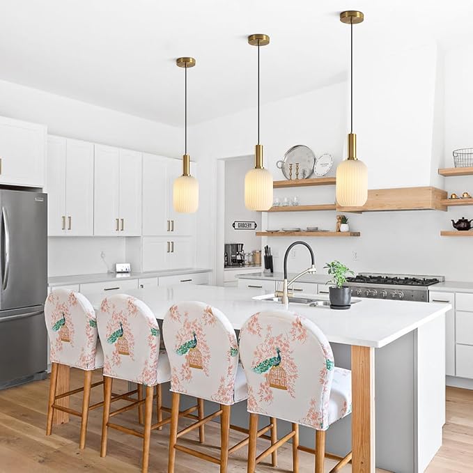 KCO Brushed Brass 5.1” Small White Milk Ribbed Cylinder Glass Pendant Light | E26 Bulb Hardwired, Mid Century Modern Vintage Adjustable Hanging Lamp for Sloped Ceiling Kitchen Island Dining Room Bedroom - Image 4