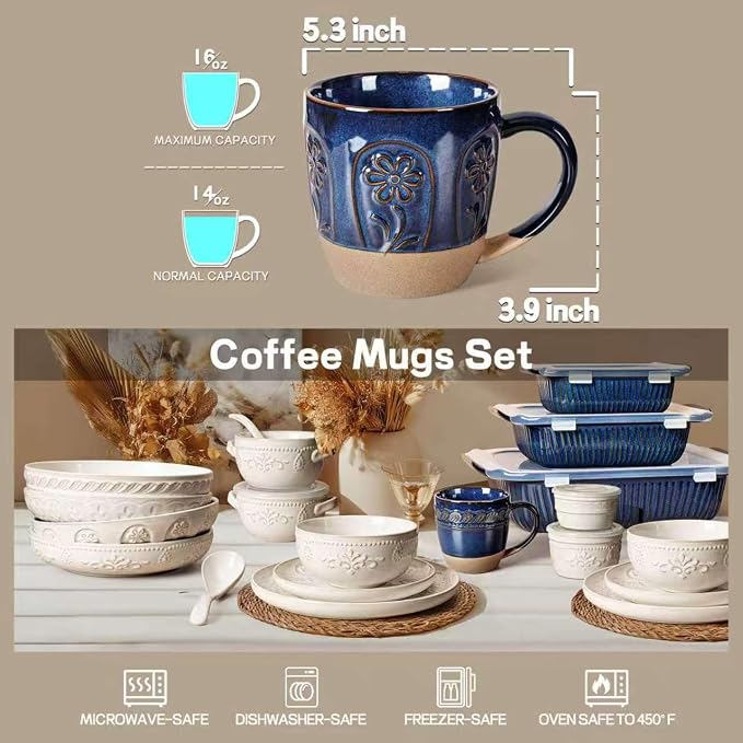 Artena Ceramic Coffee Mugs Set of 4, 16oz Embossed Large Latte Mugs Coffee Cups with Handle for Tea, Latte, Cappuccino & Cocoa, Milk Dishwasher & Microwave Safe, Blue (Pinwheel Flower) - Image 5