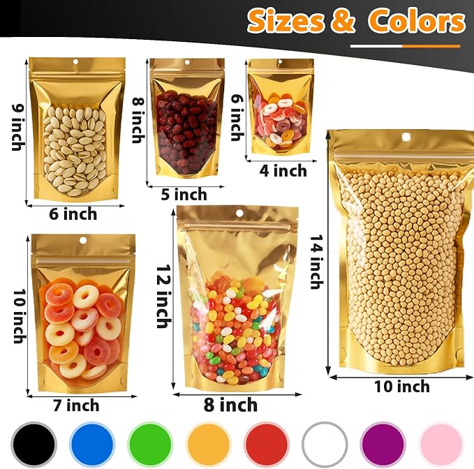 100 Pcs Mylar Bags for Food Storage, 7x10 Mylar Bag with Window Stand Up, 1 Quart Resealable Bags Smell Proof Bag Food Packaging for Small Business Freeze Dried Candy Jewelry Foil Packaging - Image 4