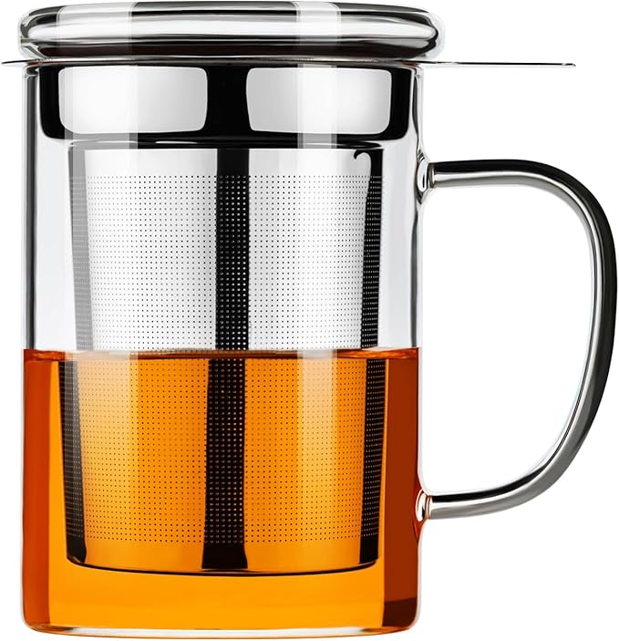 PARACITY Tea Cup, Borosilicate Clear Tea Mug with Removable Stainless Steel Infuser and Lid, Tea Cup 15oz/450ml Stove Safe, Glass Teas Cups for Loose Tea, Gift for Family and Friends
