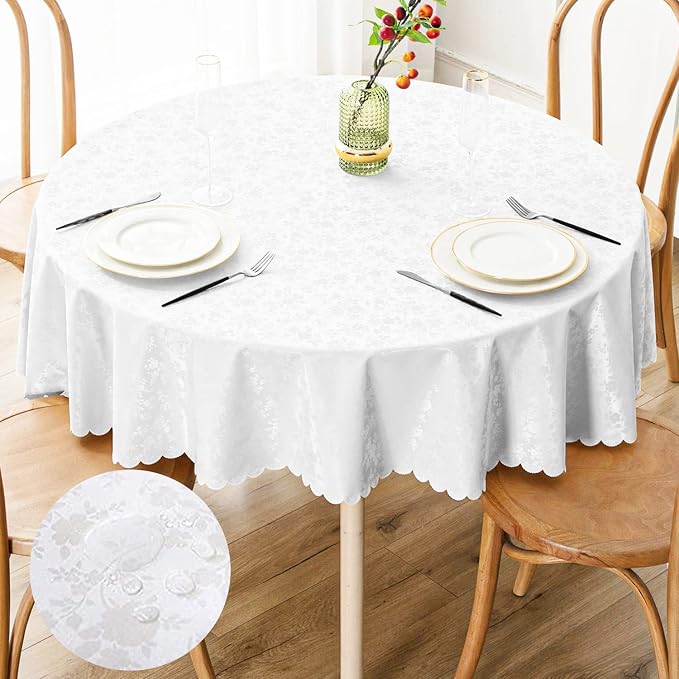 Smiry Round Waterproof Heavy Duty Vinyl Tablecloths, 60 x 60 Inch | Wipeable Washable Floral Embossed Table Cover for Kitchen and Dining Room, Indoor & Outdoor Use, White by Smiry